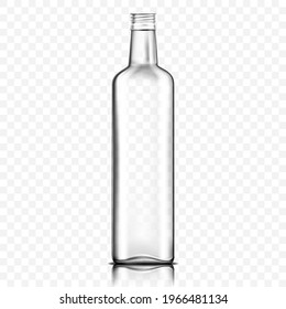 Front view of empty transparent glass bottle isolated on white. Bottles for water or oil, avocado or olive oil , realistic 3d