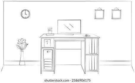 Front view of empty working place with furniture. Office in a linear style. Workplace with a computer