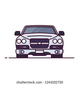 Front view of expensive, luxury car. Line style vector illustration. limousine or rich vehicle banner. Premium car from front. Vintage auto pixel perfect banner.