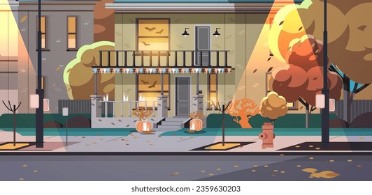 Vista frontal del exterior de un edificio residencial en la noche de Halloween. Ilustración plana del vector