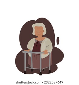 Front view of fat elderly woman is standing on walker on black background.Old fat woman standing by walking aids.Seniors illustration flat design characters concept for Healthcare.