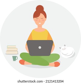 Front view female with notebook on floor vector illustration. work online communication study meeting online. Freelance work from home, education online student girl sitting with white cat at home