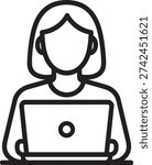 front view of female user working on laptop computer representing online education or support in outline