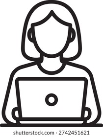 front view of female user working on laptop computer representing online education or support in outline