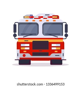 Front view of fire engine car with lights. Flat style vector illustration. Vehicle and transport banner. Modern firefighter american car. 911 truck with firefighter. Emergency fire engine vehicle.