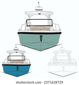 Arte de línea vectorial de embarcaciones de pesca de visión frontal y un color