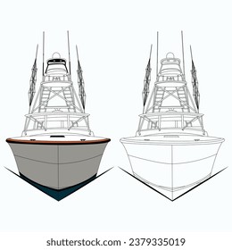 Front view fishing boat vector  line art illustration.