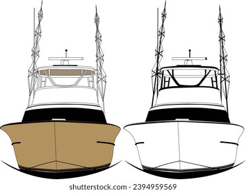 Front view fishing boat vector line art illustration.