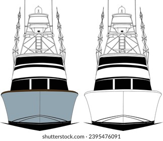  Front view fishing boat vector line art illustration.