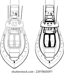 Front view fishing boat vector line art illustration.