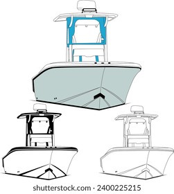 Front view fishing boat vector line art illustration.