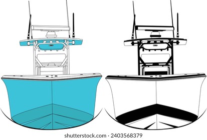 Front view fishing boat vector line art illustration.