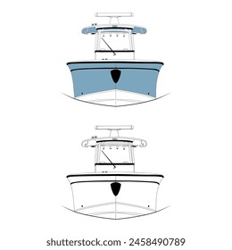 Front view fishing boat vector line art illustration.