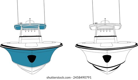 Front view fishing boat vector line art illustration.