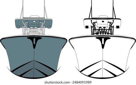 Vista frontal bote de pesca línea de Vector ilustración de arte camiseta e imprimible en varios materiales.