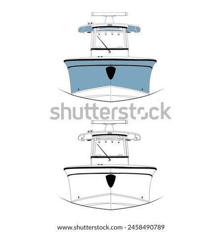 Front view fishing boat vector line art illustration.