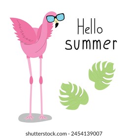 Front view flamingo in sunglasses. Hello summer lettering. Vector illustration