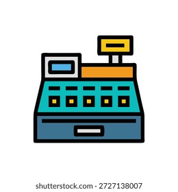 Vista frontal de una caja registradora de diseño plano. La composición presenta formas geométricas y una estética retro.