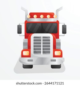 Front view flat truck illustration. Red cartoon truck. Heavy vehicle driving.
