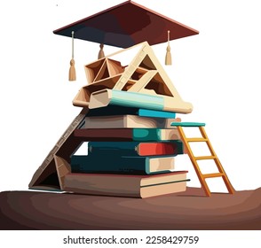 Front view of flat vector books with  a graduation cap