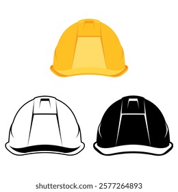 Front view flat vector of safety hardhat in various type. Isolated, outlined, monochrome, and colorful. Personal protective equipment for construction or industrial work.