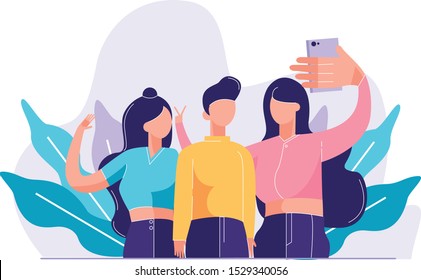 Front View Friends Taking Picture vector illustration