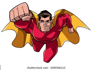 Front view full length illustration of a determined and powerful superhero wearing cape and red costume while flying against white background for copy space