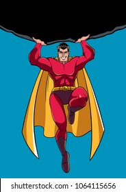 Front view full length illustration of a powerful and brave superhero holding a huge boulder above his head during a dangerous mission