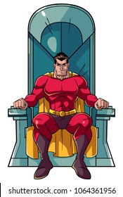 Front view full length illustration of a cartoon superhero sitting on an iron throne as a positive concept for power and leadership isolated on white background for copy space.