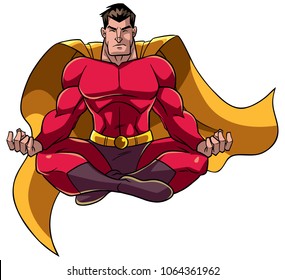 Front view full length illustration of a superhero sitting in lotus position while meditating during yoga practice isolated on white background for copy space