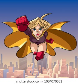 Front view full length illustration of determined and powerful superheroine wearing cape and red costume while flying over city.