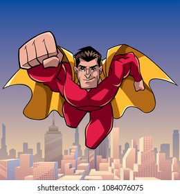 Front view full length illustration of determined and powerful superhero wearing cape and red costume while flying above city.