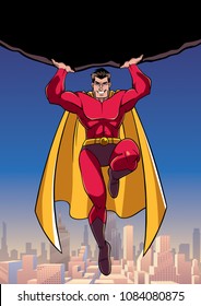 Front view full length illustration of powerful and brave superhero holding huge boulder above his head while flying over the city.