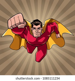 Front view full length illustration of determined and powerful superhero wearing cape and red costume while flying over abstract ray light background.