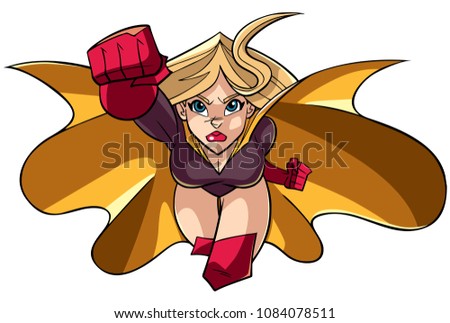 Front view full length illustration of determined and powerful superheroine wearing cape and red costume while flying against white background for copy space.