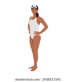 Retrato de la mujer, nadadora de la muchacha en traje de baño. Ilustración vectorial plana aislada sobre fondo blanco