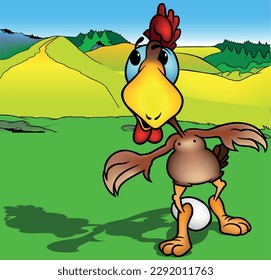 Front View Funny Brown Hen mit Big Yellow Beak und Blue Eyes - farbige Cartoon Illustration mit Hintergrund, Vektorgrafik