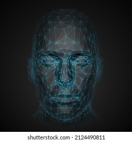 Front View of Futuristic Mesh Polygonal Human Head Over Black Background