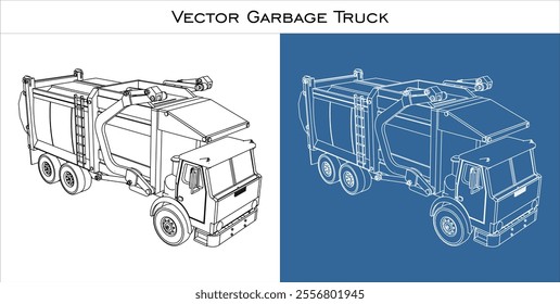 Front view garbage truck Vector . illustration line drawing blueprint technical drawings isolated on transparent background