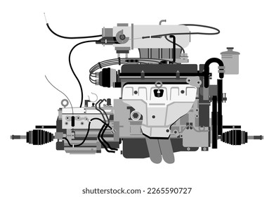 Front view gasoline engine with air conditioning compressor, transaxle, power steering pump, alternator and distributor combined vector.