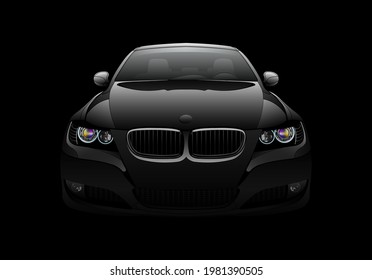 Front view of a generic and brandless modern car with lights on a black background. Vector illustration.