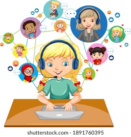 Front view of a girl using laptop for communicate video conference with teacher and friends on white background illustration