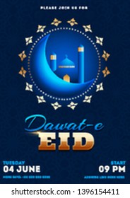 Front view of glossy crescent moon with mosque on blue background for Dawat-E-Eid template design and event detail.