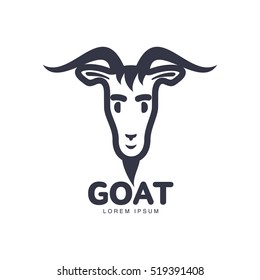 Front view goat head logo template for meat and dairy products, cartoon vector illustration on white background. Goat head outline for dairy, meat, farm products logo design