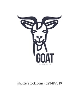 Front view goat head logo template for meat and dairy products, cartoon vector illustration on white background. Goat head outline for dairy, meat, farm products logo design