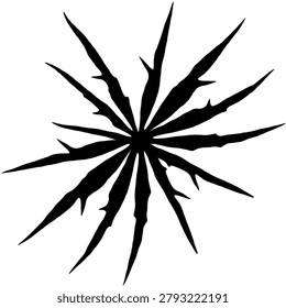 Front view graphic illustration of a black abstract botanical ornament or sunburst mandala pattern, beautifully crafted from symmetrical jatropha multifida (iodine plant) leaf silhouettes. Perfectly isolated on a solid white background, this sharp geometric nature asset is ideal for edgy branding logos, modern stencils, minimalist textile prints, and creative graphic layouts.