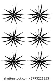Front view graphic illustration of a repeating grid pattern featuring abstract star-shaped or sunburst botanical ornaments made from symmetrical jatropha multifida (iodine plant) leaf silhouettes. Neatly arranged on a clean white A4 canvas format, this minimalist organic mandala layout is perfect for eco-friendly wrapping papers, contemporary wall art prints, textile design, and edgy branding assets.