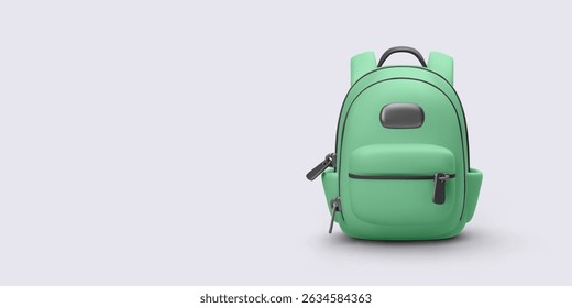 Front view of a green backpack with black zippers and handle, minimal vector illustration. Ideal for education, school, youth lifestyle, travel, or student gear concepts.