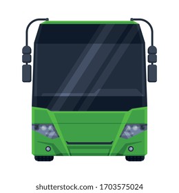 Vista frontal del bus verde, ilustración del vector plano del vehículo de transporte público