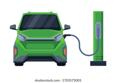 Front View of Green Car at Fuel Station, Modern Urban City Vehicle Flat Vector Illustration